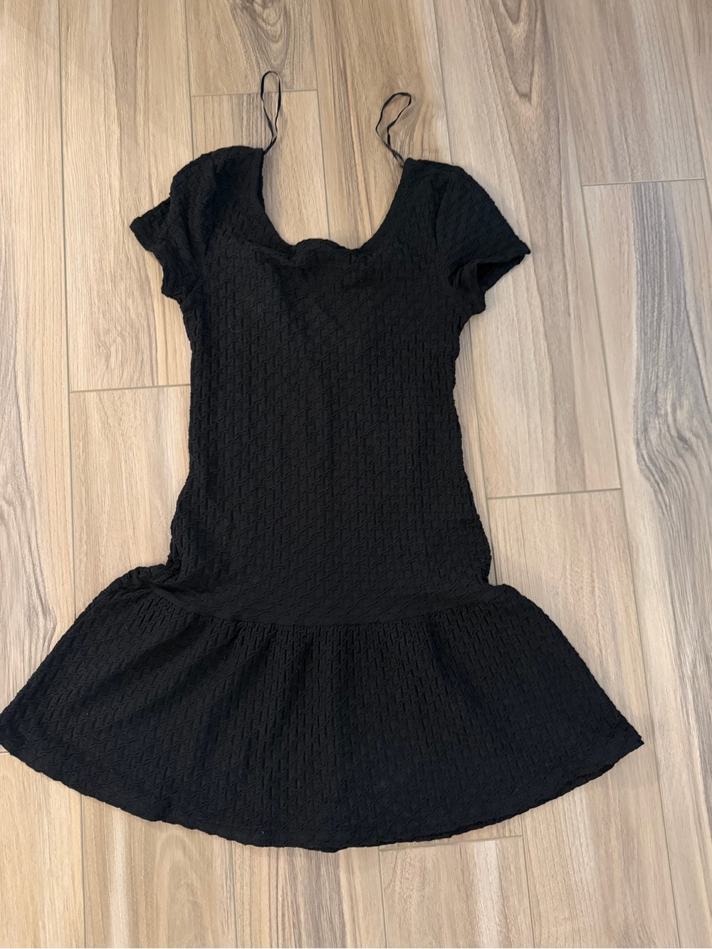 Divided Black Textured Scoop Neck Mini Dress Drop waist. Stretch